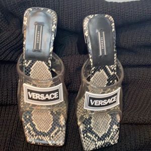 Versace clear sandal . Black and white snake skin